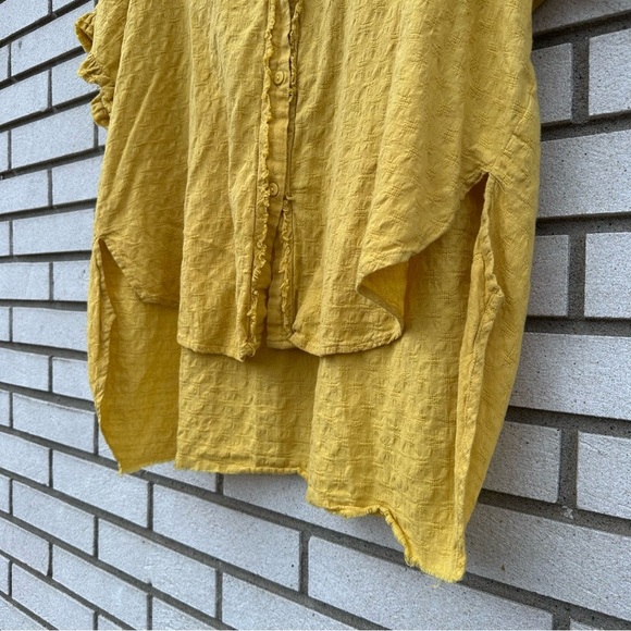 Umgee Gold Mustard Yellow Textured Cotton Button Down High/Low Raw Oversized Top - Picture 6 of 9